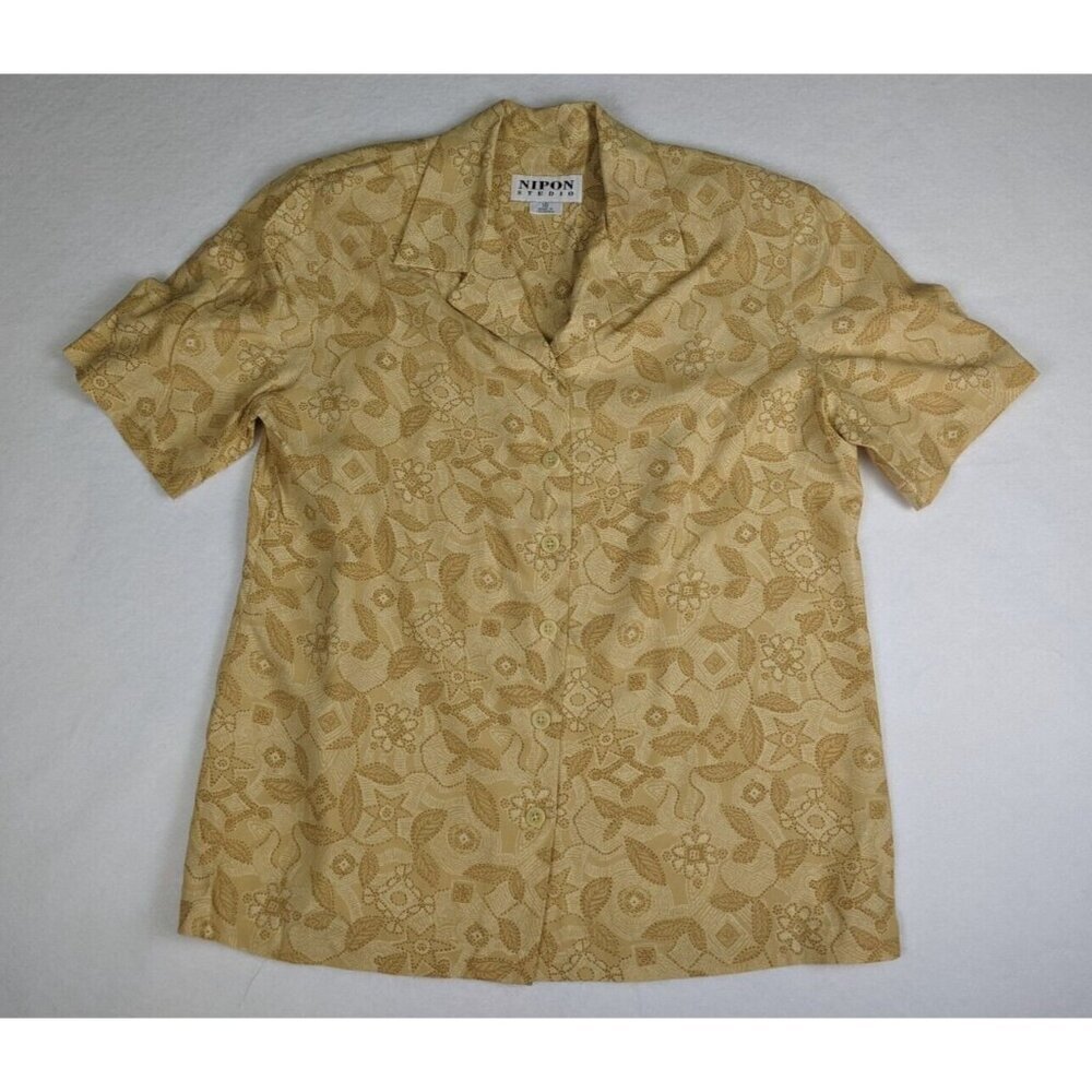 Nipon Studio Women's Top Size 10 Yellow Print Short Sleeve Button-Up Shirt